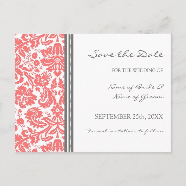 Postale Faire-part Coral Grey Damask Enregistrer la date Carte postal (Devant)