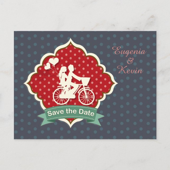 Postale Faire-part Couple sur vélo Rétro Enregistrer la date Carte po (Devant)