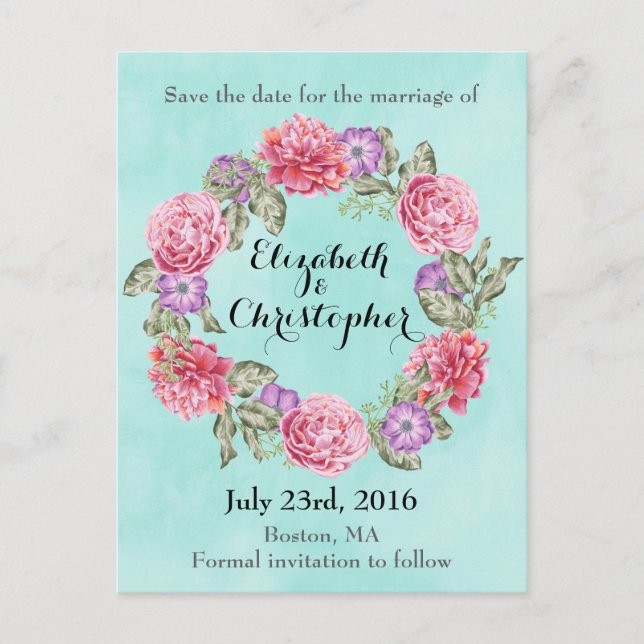 Postale Faire-part Couronne de fleurs aquarelle mariage carte de sauv (Devant)