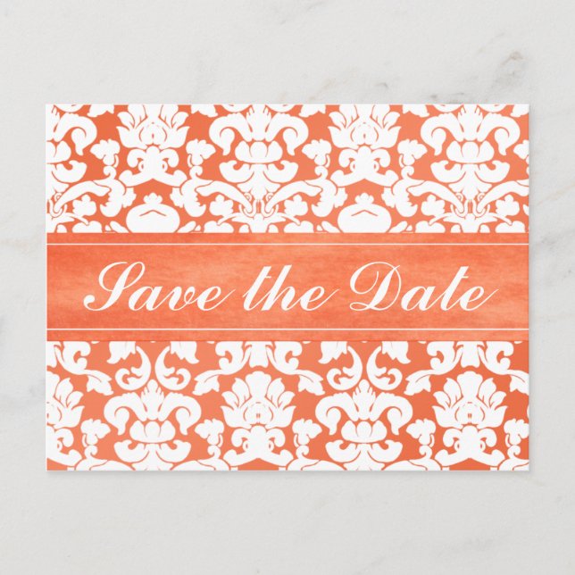 Postale Faire-part Damas orange et blanc Enregistrer la carte Date (Devant)