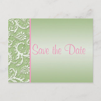 Postale Faire-part Damas vert et rose Enregistrer la date Carte posta
