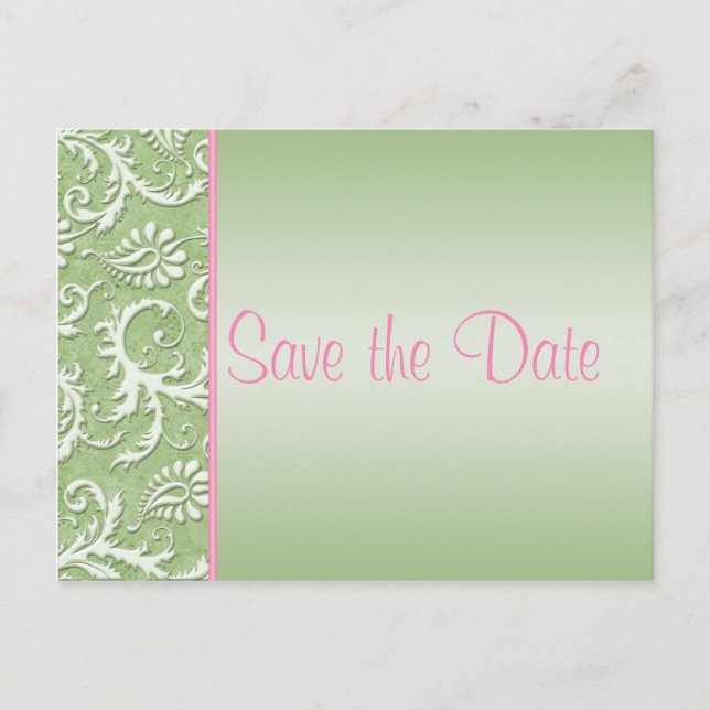 Postale Faire-part Damas vert et rose Enregistrer la date Carte posta (Devant)