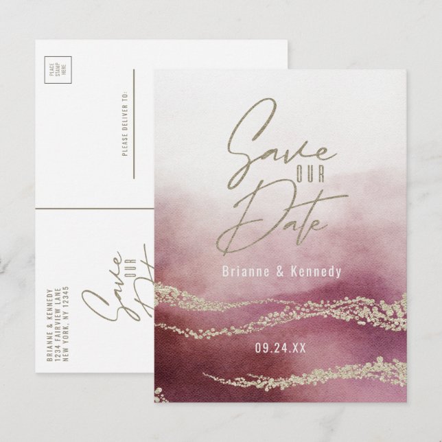 Postale Faire-part Élégant aquarelle bordeaux et or, carte de sauvega (Devant / Derrière)