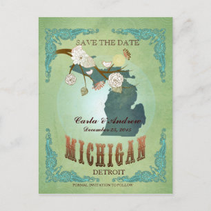 Postale Faire-part Enregistrer La Date - Carte Du Michigan Avec De Be