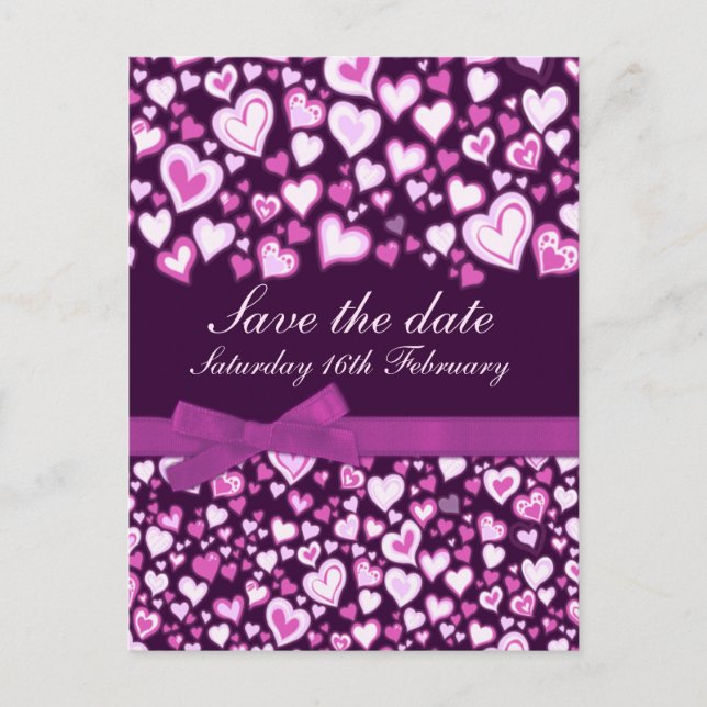 Postale Faire-part Enregistrer la date coeur & arcs rose violet carte (Devant)