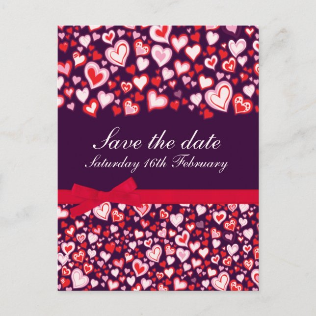 Postale Faire-part Enregistrer la date coeurs & arcs carte rose viole (Devant)