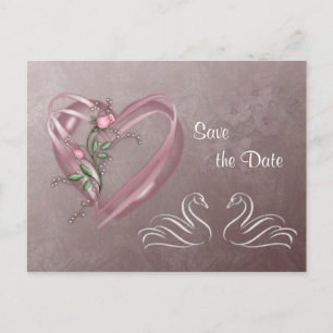 Postale Faire-part Enregistrer la date - Coeurs et cygnes. Carte post