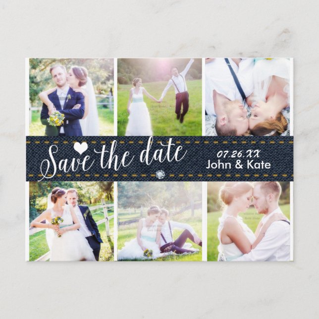 Postale Faire-part ENREGISTRER LA DATE Mariage Denim 6 PHOTO Carte po (Devant)