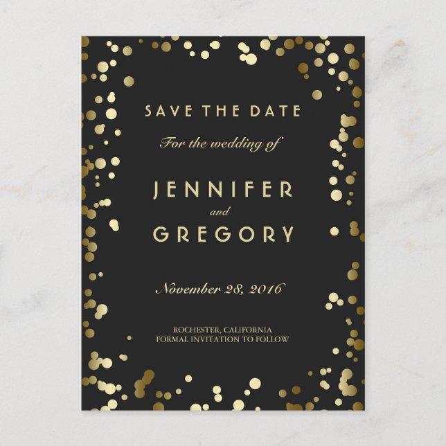 Postale Faire-part Faux Gold Confetti Black Enregistrer la date Carte (Devant)