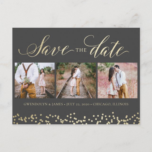 Postale Faire-part Faux Sparkle 3 Photo Enregistrer la date Carte pos (Devant)