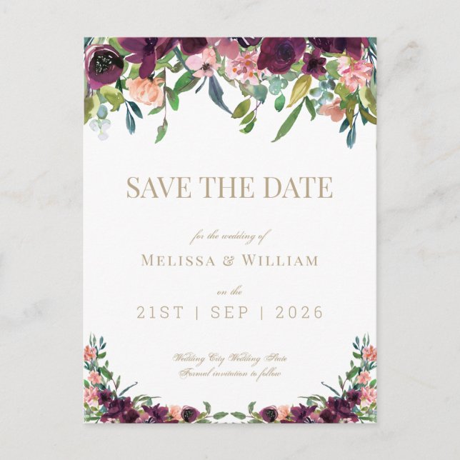 Postale Faire-part Fleurs aquarelle bordeaux et ivoire carte de sauve (Devant)