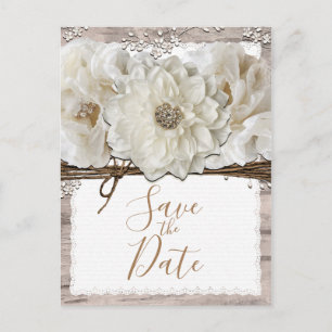 Postale Faire-part Fleurs blanches & glam rustique en bouleau, carte