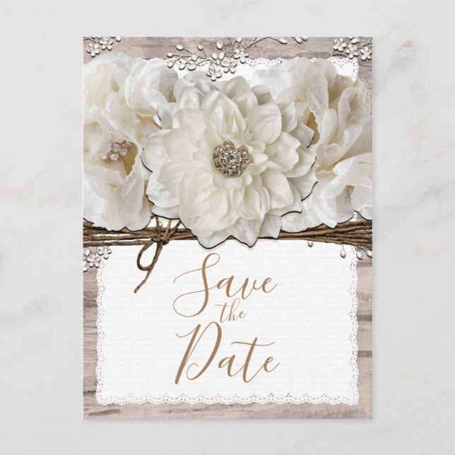 Postale Faire-part Fleurs blanches & glam rustique en bouleau, carte  (Devant)