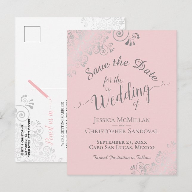 Postale Faire-part Fronces argentées sur carte de mariage rose pâle à (Devant / Derrière)