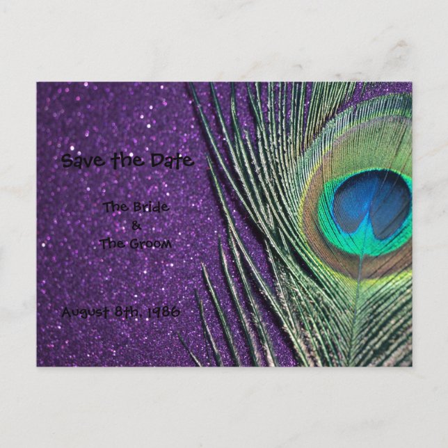 Postale Faire-part Glittery Purple Peacock Enregistrer la date Carte  (Devant)