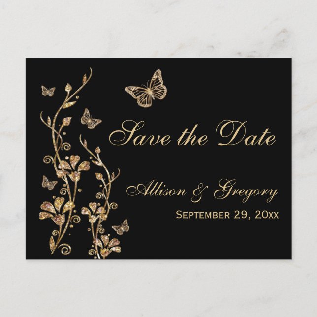 Postale Faire-part Gold, Black Butterflies Enregistrer la date Carte  (Devant)
