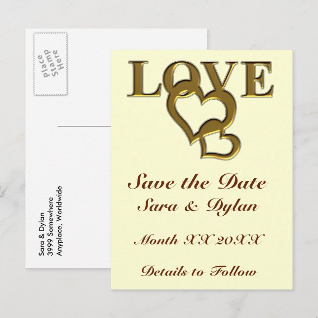 Postale Faire-part Gold Love and Hearts Enregistrer la date Carte pos (Devant / Derrière)