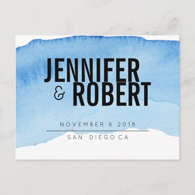 Postale Faire-part Gras Minimal BLEU aquarelle NOIR CARTE DE SAUVEGAR (Devant)