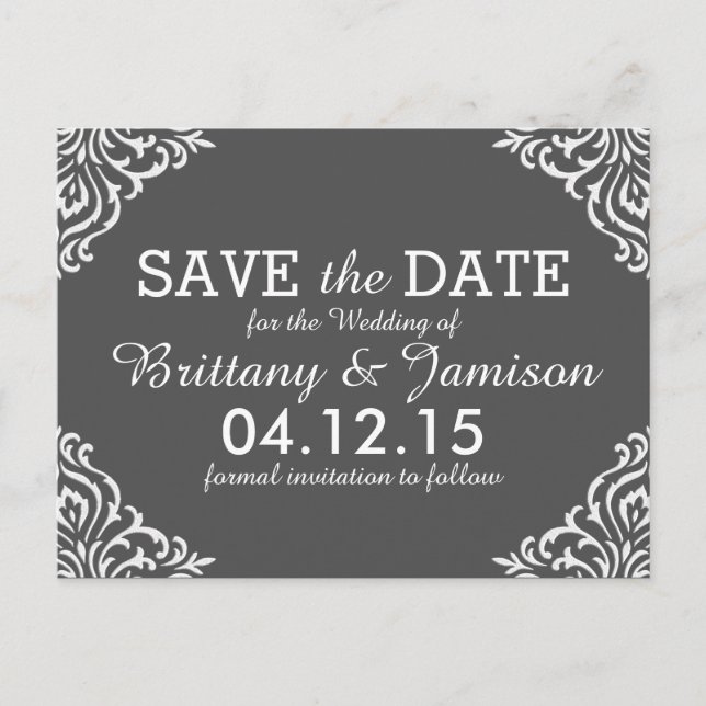 Postale Faire-part Grey Damask Elegant Enregistrer la date Carte post (Devant)