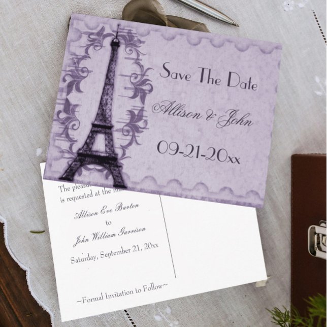 Postale Faire-part Lavender Paris Grunge Enregistrer La Date Carte Po (Lavender Paris Grunge Wedding Save the Date)