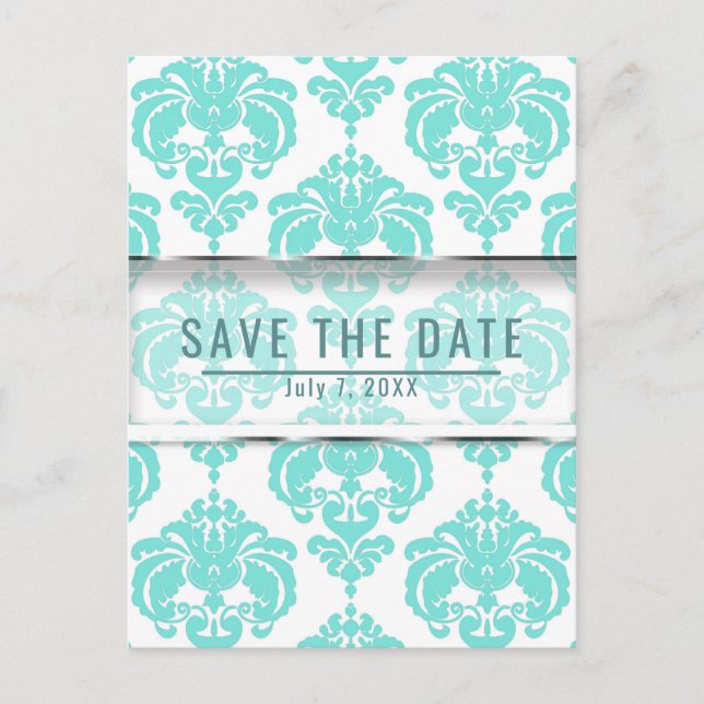 Postale Faire-part Mariage chic damassé sarcelle et blanc, carte de s (Devant)