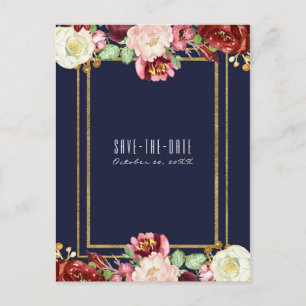 Postale Faire-part Mariage d'automne Bleu Or Floral Marsala Carte de 