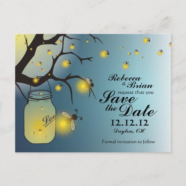 Postale Faire-part Mason Jar & Firefly Enregistrer la date Carte post (Devant)