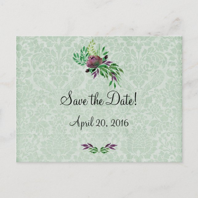 Postale Faire-part Mint Green Damask Enregistrer la date Carte postal (Devant)