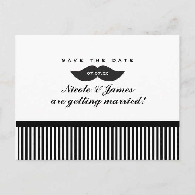 Postale Faire-part Moustache noir & blanc Enregistrer la date Carte p (Devant)