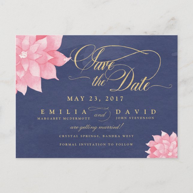 Postale Faire-part Navy Blush Floral Dahlia Enregistrer la date Carte (Devant)