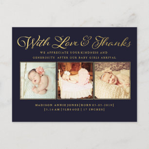 Postale Faire-part Navy Or Avec Amour & Remerciements Bébé Carte Post