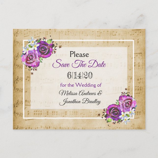 Postale Faire-part Partition Rose violet Enregistrer la date Carte po (Devant)