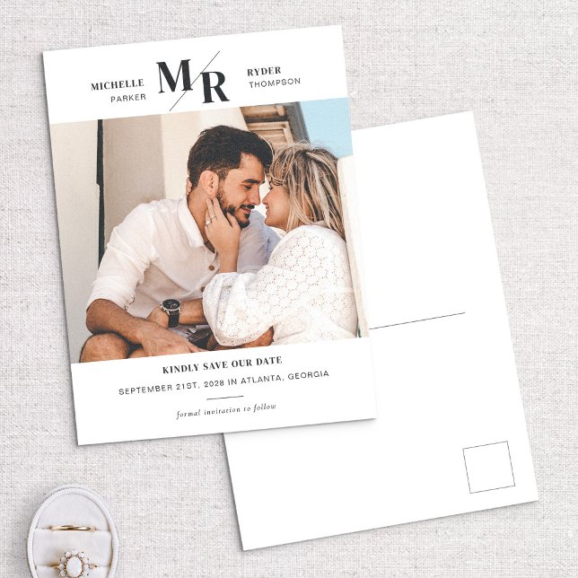 Postale Faire-part Photo Monogramme moderne Enregistrer la carte post (Créateur téléchargé)