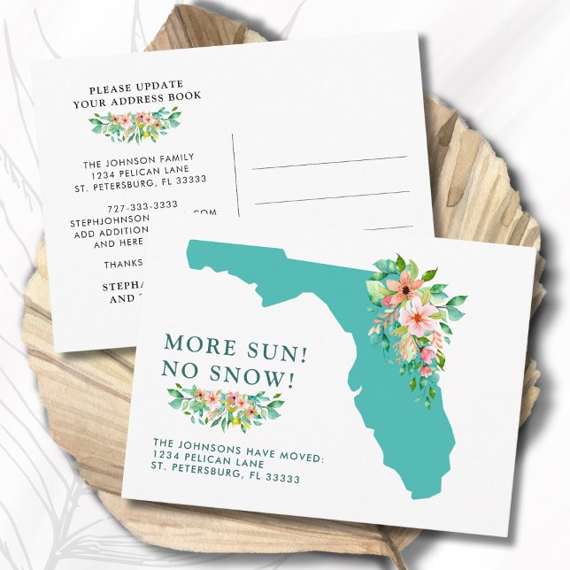 Postale Faire-part Plus Sun No Neige Floride Carte Déplacement (More Sun No Snow Florida Map Floral Hibiscus Moving Announcement Postcard)
