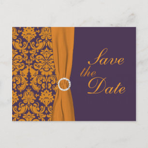 Postale Faire-part Purple et Orange Damask Enregistrer la carte Date