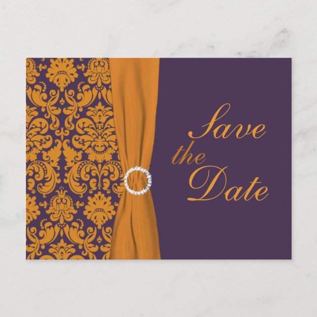 Postale Faire-part Purple et Orange Damask Enregistrer la carte Date (Devant)