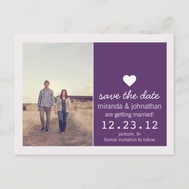 Postale Faire-part Purple Heart Photo Enregistrer La Date Carte Posta (Devant)