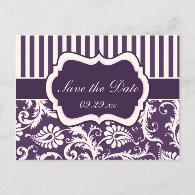 Postale Faire-part Purple, ivoire, Damas rose Enregistrer la carte Da (Devant)