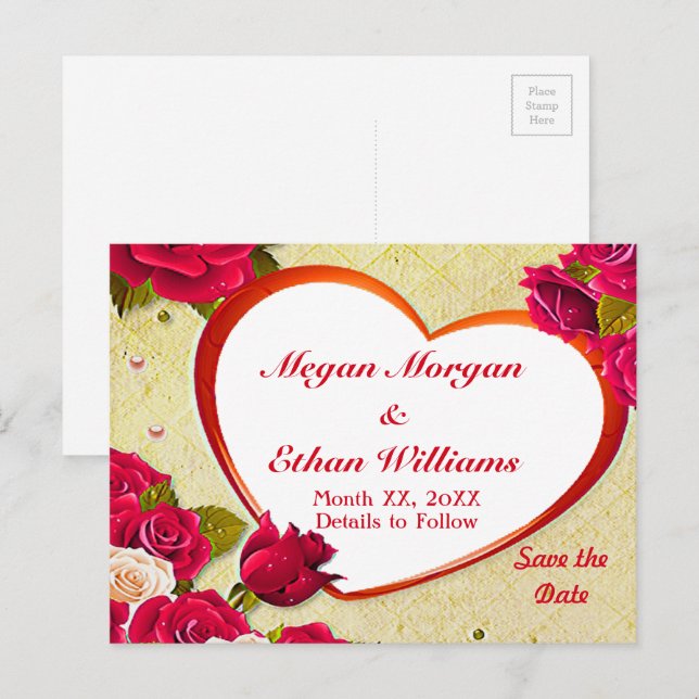 Postale Faire-part Roses et cadre cardiaque Enregistrer la date Carte (Devant / Derrière)