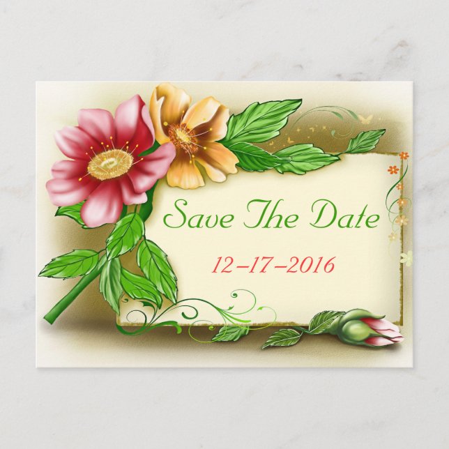 Postale Faire-part Sauvegarder la date Fleurs roses et vertes  Carte  (Devant)