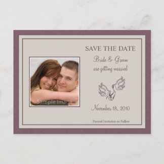 Postale Faire-part Sauvez le carte photo de date - colombes mauve