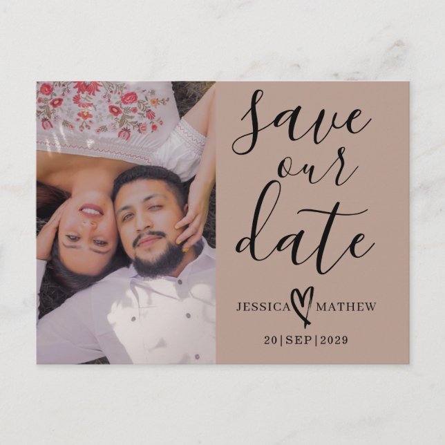 Postale Faire-part Script de carte de sauvegarde Moderne Beige & Noir (Devant)