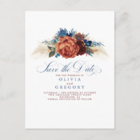 Terracotta et carte Épargnez la date florale bleu 