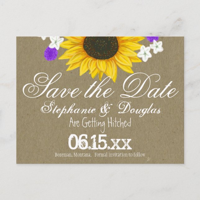 Postale Faire-part Tournesol rustique Kraft Enregistrer la date Carte (Devant)