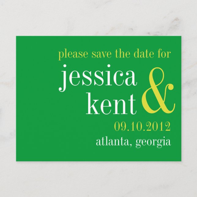 Postale Faire-part Typographie verte solide couple moderne carte de s (Devant)