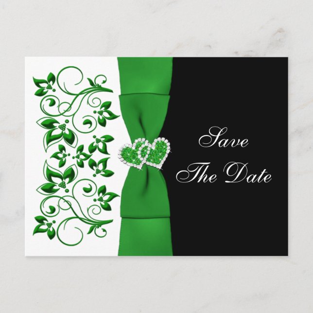Postale Faire-part Vert, Blanc, Floral Noir Enregistrer La Date Carte (Devant)