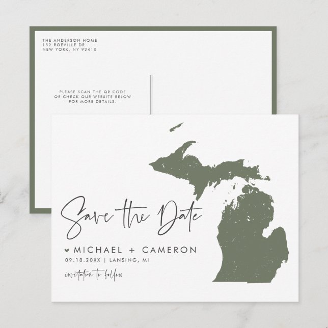 Postale Faire-part Vert Taupe Michigan Carte Code QR Enregistrer la D (Devant / Derrière)
