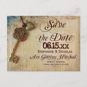 Postale Faire-part Vintage Heart Key Burlap Enregistrer la date Carte