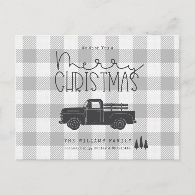 Postale Farmhouse Gris Buffalo Plaid Joyeux Carte de Noël (Devant)
