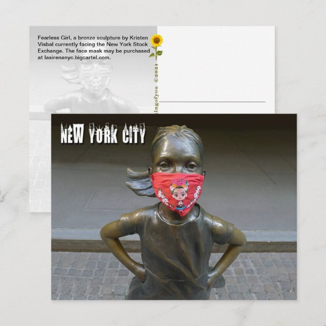 Postale Fearless Girl avec masque brodé, NYC - Carte posta (Devant / Derrière)